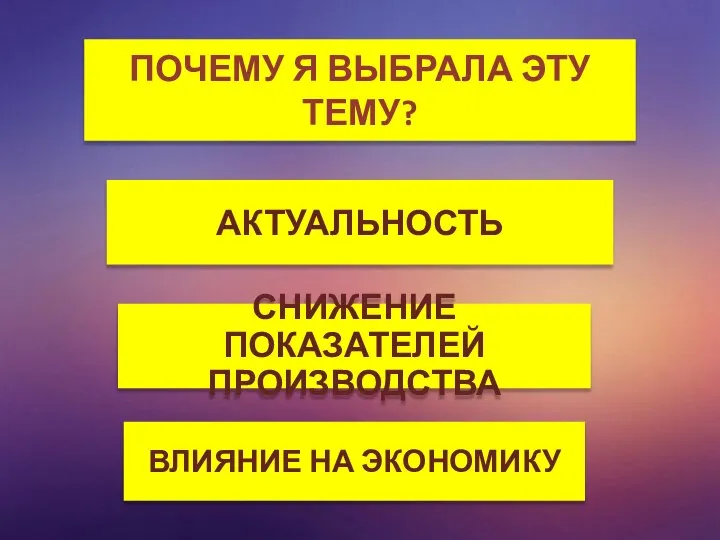 ПОЧЕМУ Я ВЫБРАЛА ЭТУ ТЕМУ? АКТУАЛЬНОСТЬ СНИЖЕНИЕ ПОКАЗАТЕЛЕЙ ПРОИЗВОДСТВА ВЛИЯНИЕ НА ЭКОНОМИКУ