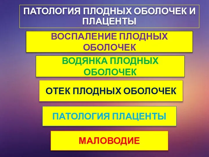 ПАТОЛОГИЯ ПЛОДНЫХ ОБОЛОЧЕК И ПЛАЦЕНТЫ ВОДЯНКА ПЛОДНЫХ ОБОЛОЧЕК ОТЕК ПЛОДНЫХ ОБОЛОЧЕК МАЛОВОДИЕ