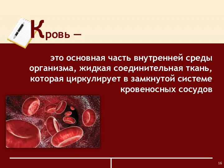 Кровь ― это основная часть внутренней среды организма, жидкая соединительная ткань, которая