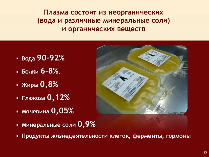 Вода 90-92% Белки 6-8%. Жиры 0,8% Глюкоза 0,12% Мочевина 0,05% Минеральные соли