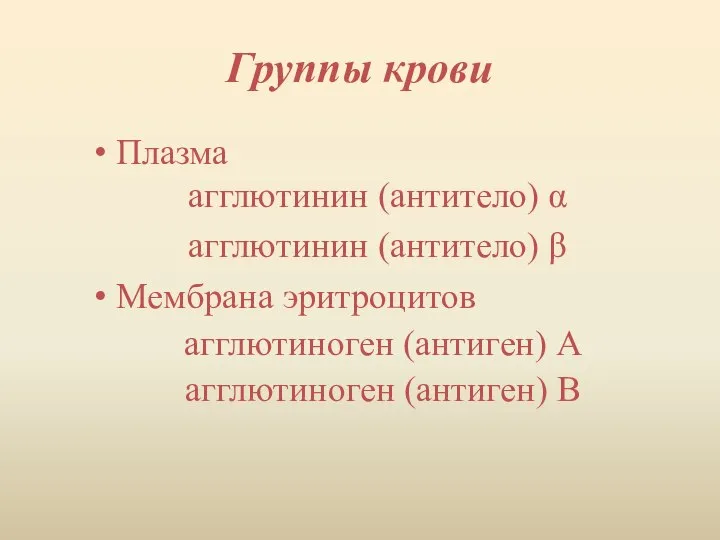 Группы крови Плазма агглютинин (антитело) α агглютинин (антитело) β Мембрана эритроцитов агглютиноген