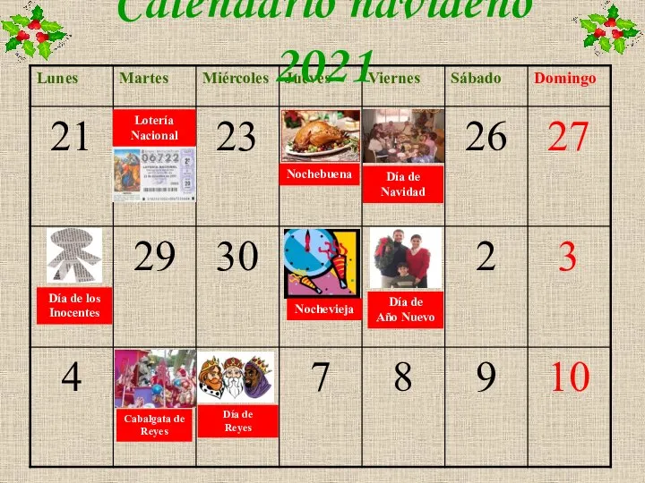 Calendario navideño 2021 Lotería Nacional Nochebuena Día de Navidad Día de los