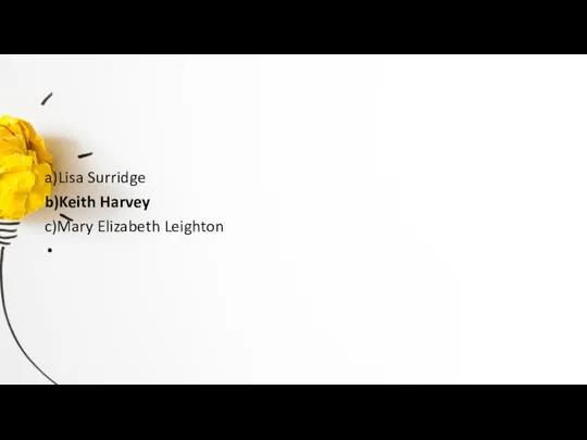 a)Lisa Surridge b)Keith Harvey c)Mary Elizabeth Leighton