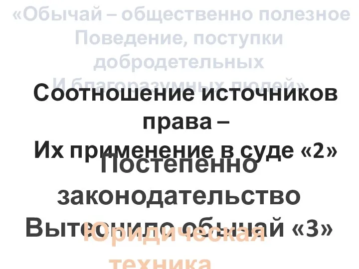 «Обычай – общественно полезное Поведение, поступки добродетельных И благоразумных людей» Соотношение источников