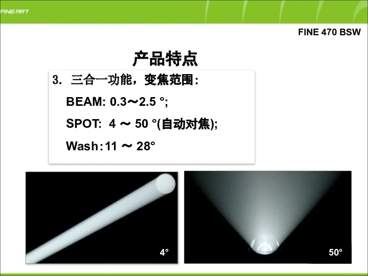 3. 三合一功能，变焦范围： BEAM: 0.3～2.5 °; SPOT: 4 ～ 50 °(自动对焦); Wash：11 ～