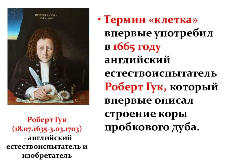 Термин «клетка» впервые употребил в 1665 году английский естествоиспытатель Роберт Гук, который