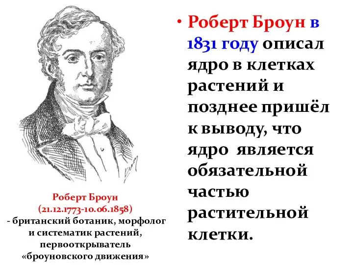 Роберт Броун в 1831 году описал ядро в клетках растений и позднее