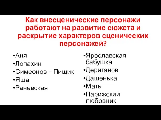 Как внесценические персонажи работают на развитие сюжета и раскрытие характеров сценических персонажей?