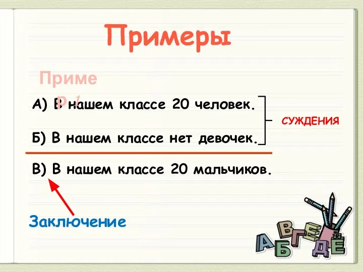 Примеры А) В нашем классе 20 человек. Б) В нашем классе нет