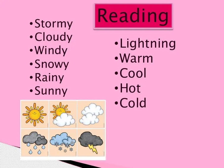 Reading Stormy Cloudy Windy Snowy Rainy Sunny Lightning Warm Cool Hot Cold