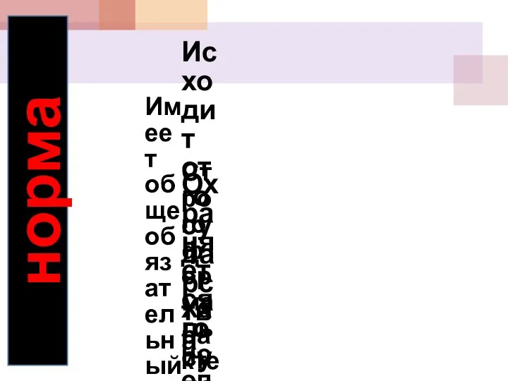 Исходит от государства Имеет общеобязательный характер Охраняется государством Строго формально определена Характеризуется строгой иерархией норма