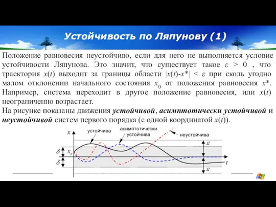 Устойчивость по Ляпунову (1) Положение равновесия неустойчиво, если для него не выполняется