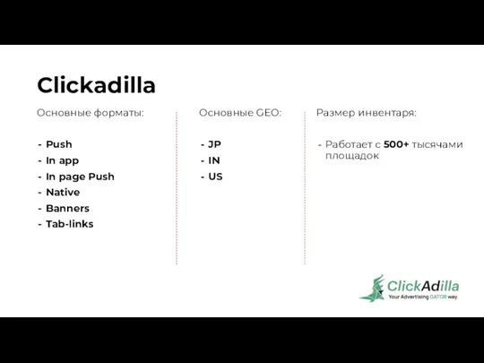 Clickadilla Основные форматы: Push In app In page Push Native Banners Tab-links