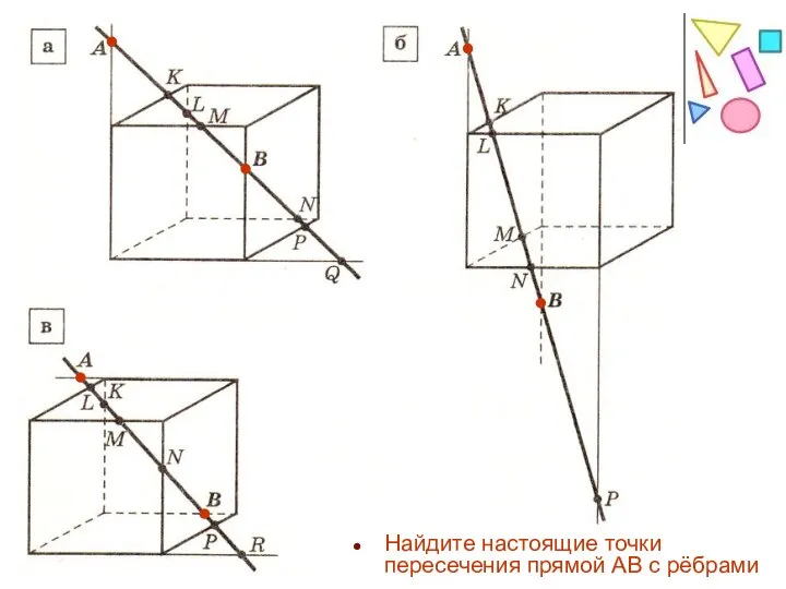 Найдите настоящие точки пересечения прямой AB с рёбрами