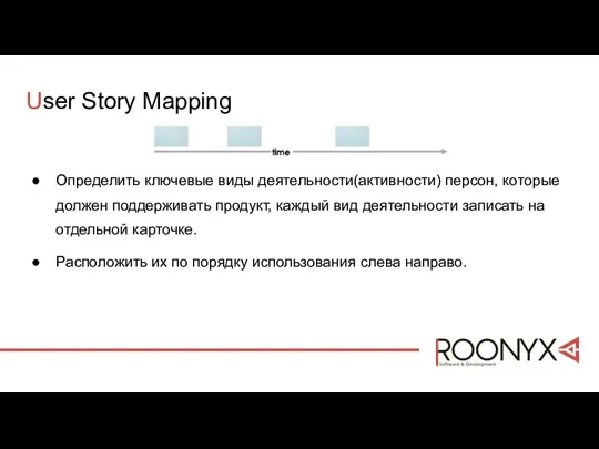 User Story Mapping Определить ключевые виды деятельности(активности) персон, которые должен поддерживать продукт,