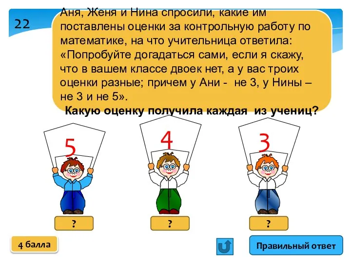 Аня, Женя и Нина спросили, какие им поставлены оценки за контрольную работу