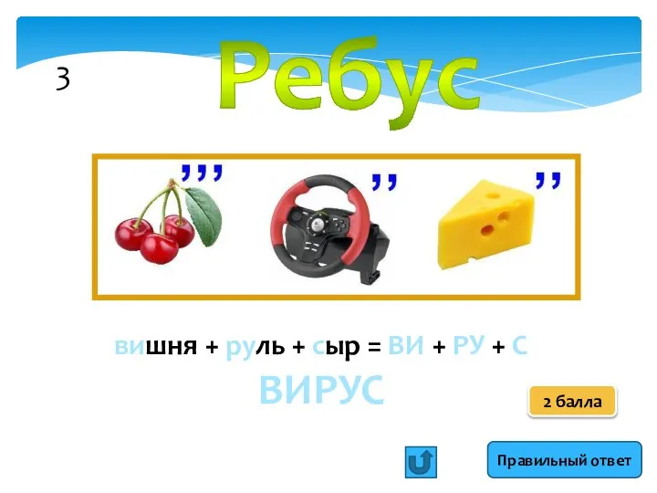 Правильный ответ Ребус вишня + руль + сыр = ВИ + РУ