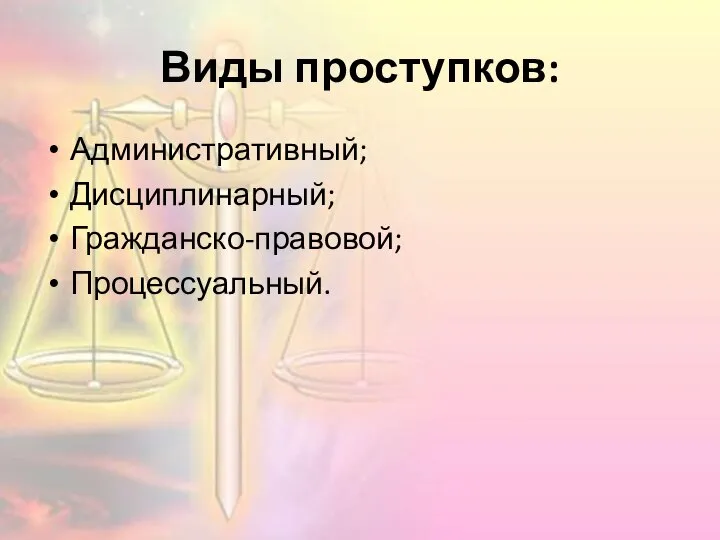 Виды проступков: Административный; Дисциплинарный; Гражданско-правовой; Процессуальный.