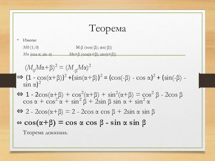 Теорема Имеем: M0 (1; 0) M-β (cos(-β); sin(-β)) Mα (cos α; sin