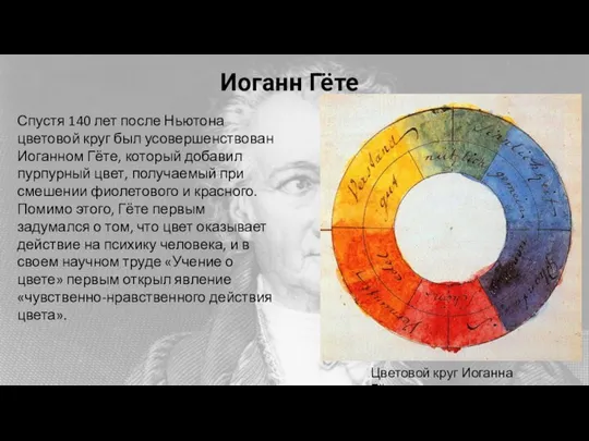 Спустя 140 лет после Ньютона цветовой круг был усовершенствован Иоганном Гёте, который