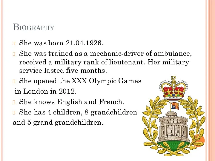 Biography She was born 21.04.1926. She was trained as a mechanic-driver of