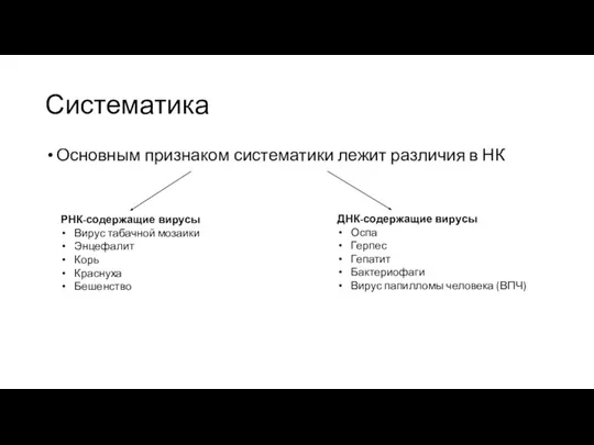 Систематика Основным признаком систематики лежит различия в НК РНК-содержащие вирусы Вирус табачной