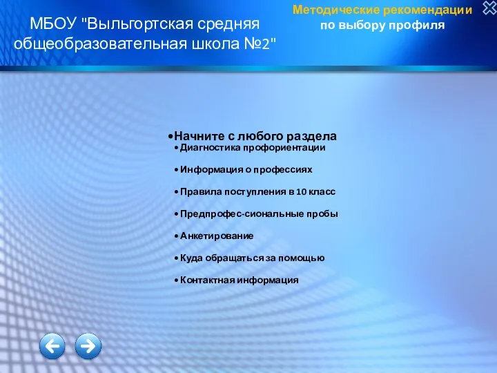 Начните с любого раздела Диагностика профориентации Информация о профессиях Правила поступления в