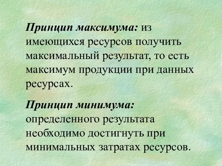 Принцип максимума: из имеющихся ресурсов получить максимальный результат, то есть максимум продукции