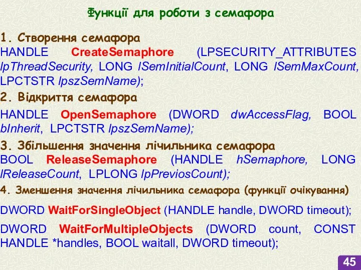 Функції для роботи з семафора 1. Створення семафора HANDLE CreateSemaphore (LPSECURITY_ATTRIBUTES lpThreadSecurity,