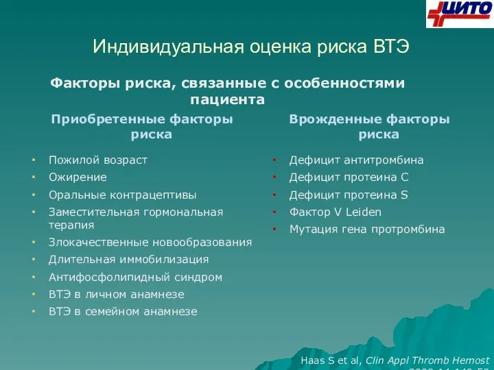 Приобретенные факторы риска Пожилой возраст Ожирение Оральные контрацептивы Заместительная гормональная терапия Злокачественные