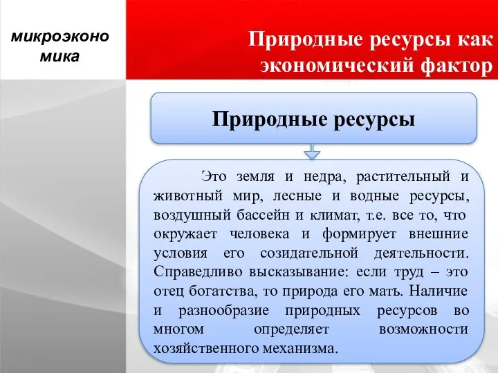 Природные ресурсы как экономический фактор микроэкономика Природные ресурсы Это земля и недра,