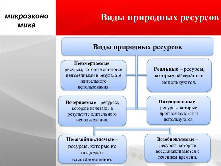 Виды природных ресурсов микроэкономика Виды природных ресурсов Неисчерпаемые – ресурсы, которые остаются