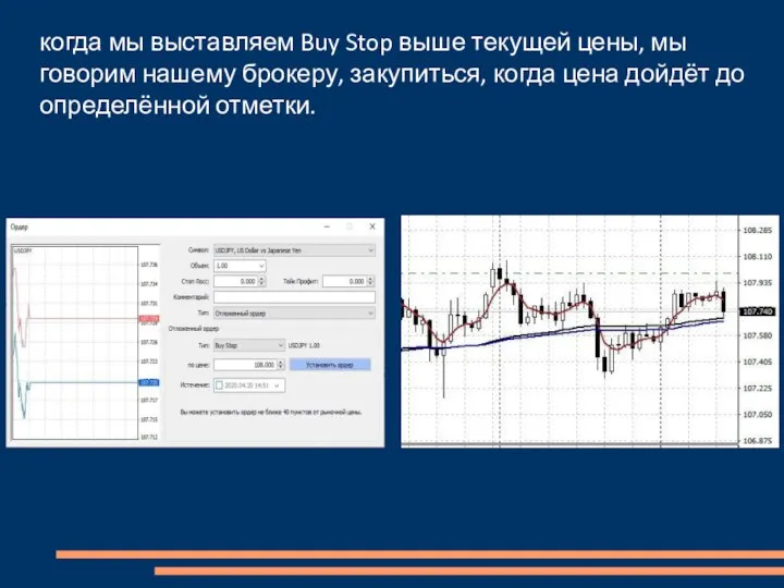 когда мы выставляем Buy Stop выше текущей цены, мы говорим нашему брокеру,