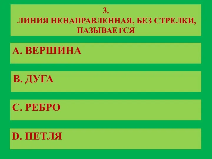 3. ЛИНИЯ НЕНАПРАВЛЕННАЯ, БЕЗ СТРЕЛКИ, НАЗЫВАЕТСЯ A. ВЕРШИНА B. ДУГА C. РЕБРО D. ПЕТЛЯ