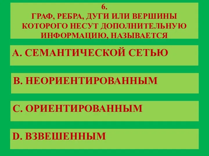 6. ГРАФ, РЕБРА, ДУГИ ИЛИ ВЕРШИНЫ КОТОРОГО НЕСУТ ДОПОЛНИТЕЛЬНУЮ ИНФОРМАЦИЮ, НАЗЫВАЕТСЯ A.