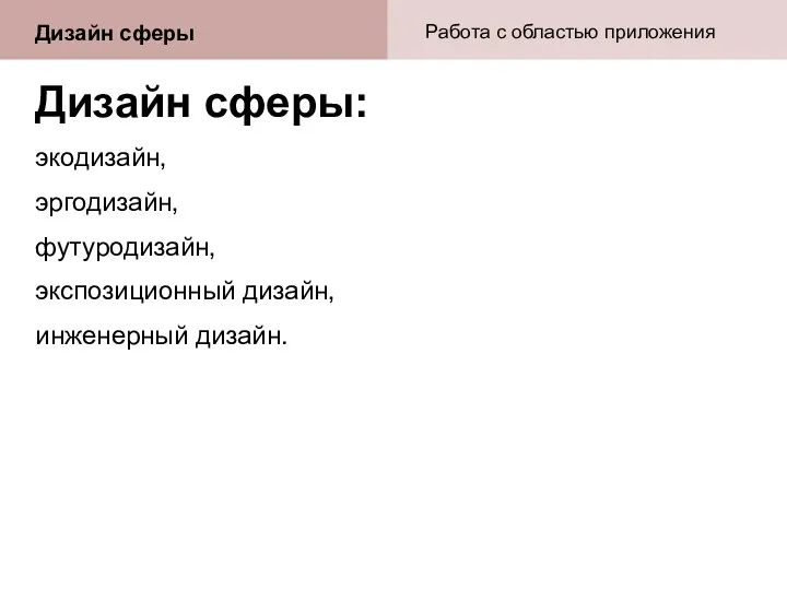 Дизайн сферы: экодизайн, эргодизайн, футуродизайн, экспозиционный дизайн, инженерный дизайн. Дизайн сферы Работа с областью приложения