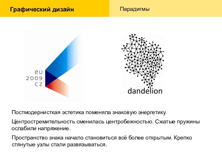 Постмодернисткая эстетика поменяла знаковую энергетику. Центростремительность сменилась центробежностью. Сжатые пружины ослабили напряжение.