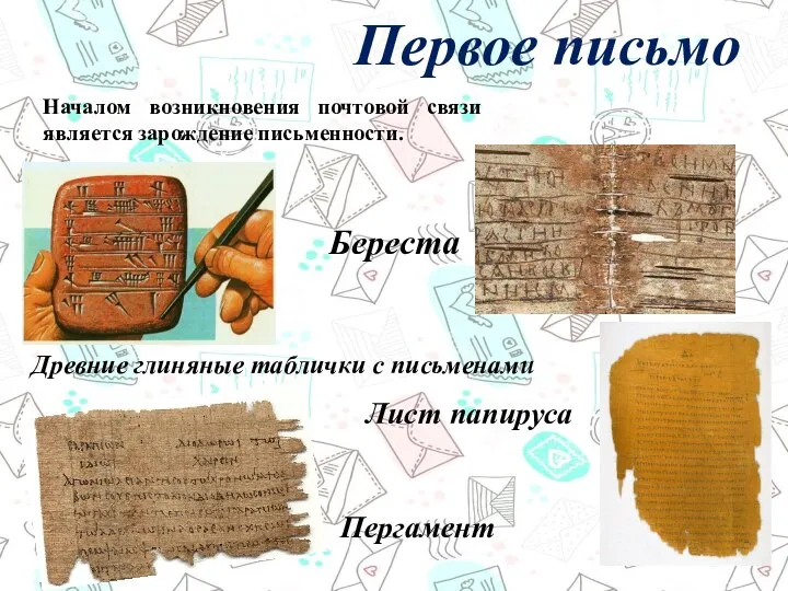Первое письмо Древние глиняные таблички с письменами Береста Лист папируса Пергамент Началом