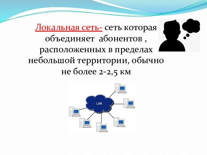 Локальная сеть- сеть которая объединяет абонентов , расположенных в пределах небольшой территории,