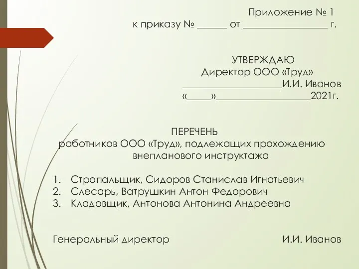 Приложение № 1 к приказу № ______ от _________________ г. УТВЕРЖДАЮ Директор