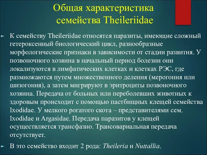 Общая характеристика семейства Theileriidae К семейству Theileriidae относятся паразиты, имеющие сложный гетероксенный