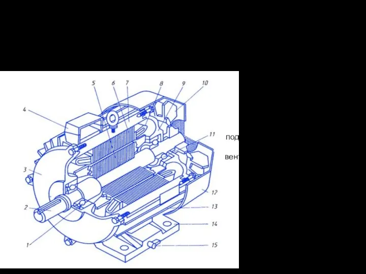 Конструкция асинхронного двигателя подшипники - 1 и 11, вал - 2, подшипниковые