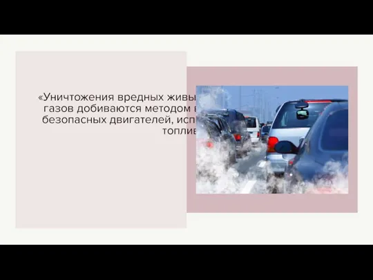 «Уничтожения вредных живым организмам выхлопных газов добиваются методом внедрения экологически безопасных двигателей, использования новых видов топлива»