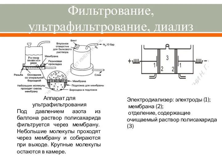 Фильтрование, ультрафильтрование, диализ Аппарат для ультрафильтрования Под давлением азота из баллона раствор