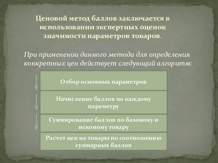 Отбор основных параметров При применении данного метода для определения конкретных цен действует