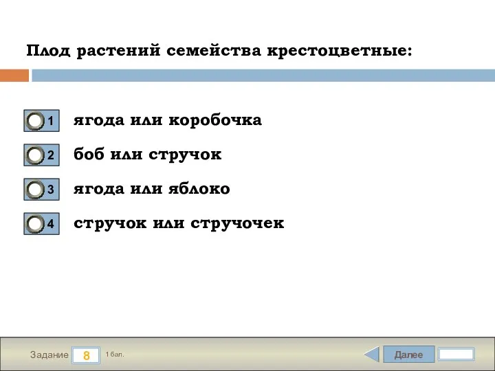 Далее 8 Задание 1 бал. Плод растений семейства крестоцветные: ягода или коробочка