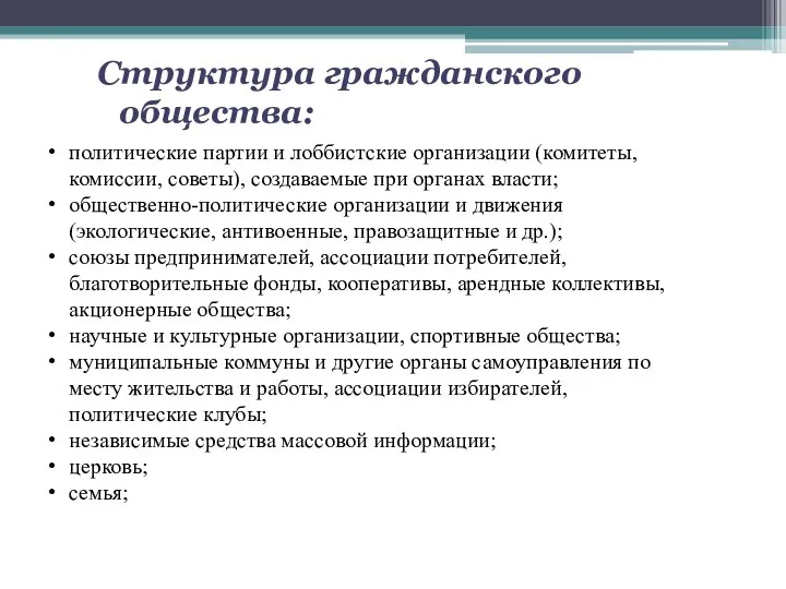 Структура гражданского общества: политические партии и лоббистские организации (комитеты, комиссии, советы), создаваемые