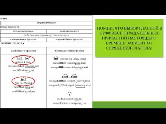 ПОМНИ, ЧТО ВЫБОР ГЛАСНОЙ В СУФФИКСЕ СТРАДАТЕЛЬНЫХ ПРИЧАСТИЙ НАСТОЯЩЕГО ВРЕМЕНИ ЗАВИСИТ ОТ СПРЯЖЕНИЯ ГЛАГОЛА!