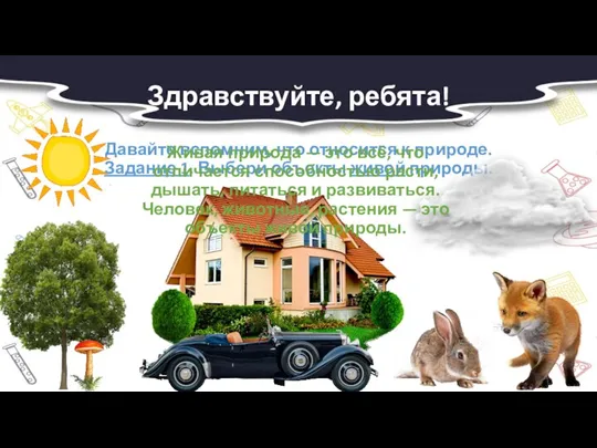 Здравствуйте, ребята! Давайте вспомним, что относится к природе. Задание 1. Выбери объекты