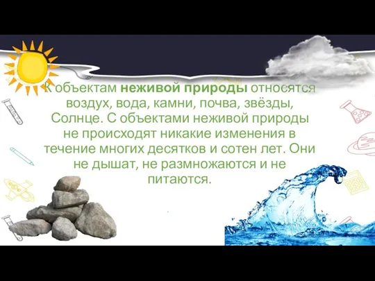 К объектам неживой природы относятся воздух, вода, камни, почва, звёзды, Солнце. С